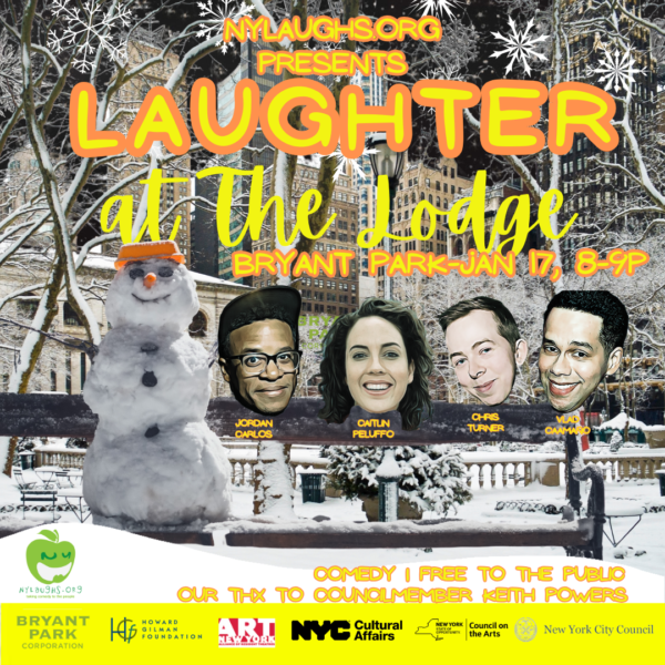 Poster of show #1 at Bryant Park winter lodge with snowman outdoors in snow and pictures of 4 performers