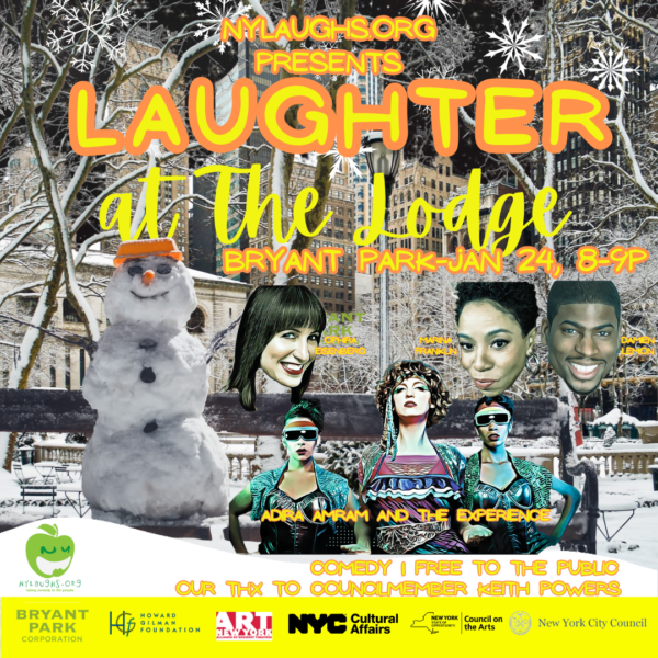 Poster of show #2 at Bryant Park winter lodge with snowman outdoors in snow