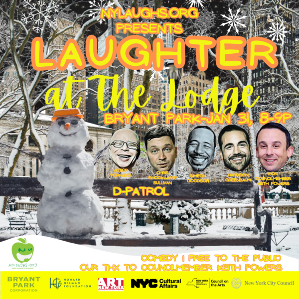 Poster of show #3 at Bryant Park winter lodge with snowman outdoors in snow and 5 performers