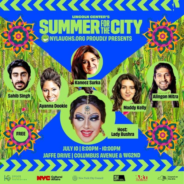 poster of various south asian comics for free show at Jaffe Drive on july 10